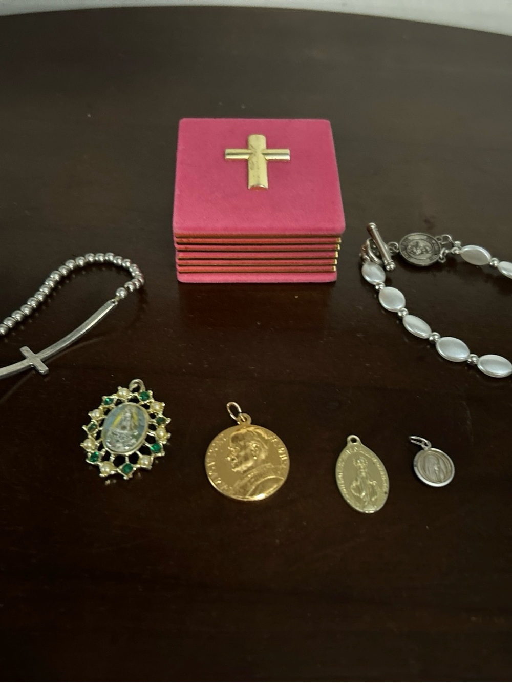 Pink Velvet Jewelry Keepsake Box with Gold Cross Accent